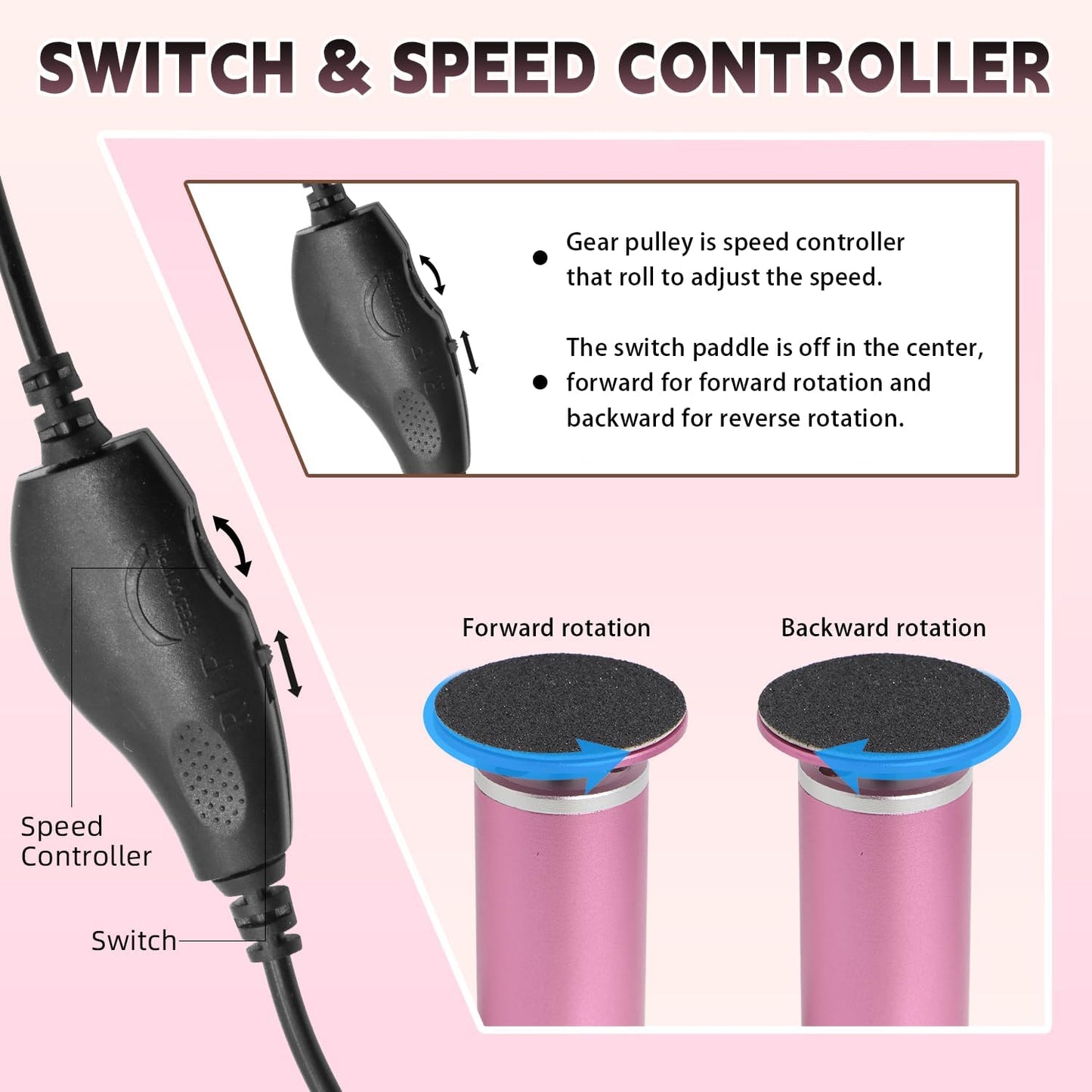 Electric Foot File, Callus Remover for Feet, Adjustable Speed Control Pedicure Tools for Dead Skin Calluses with 60 PCS Sandpaper Discs and 5 PCS Nail Drill Bits (Black)
