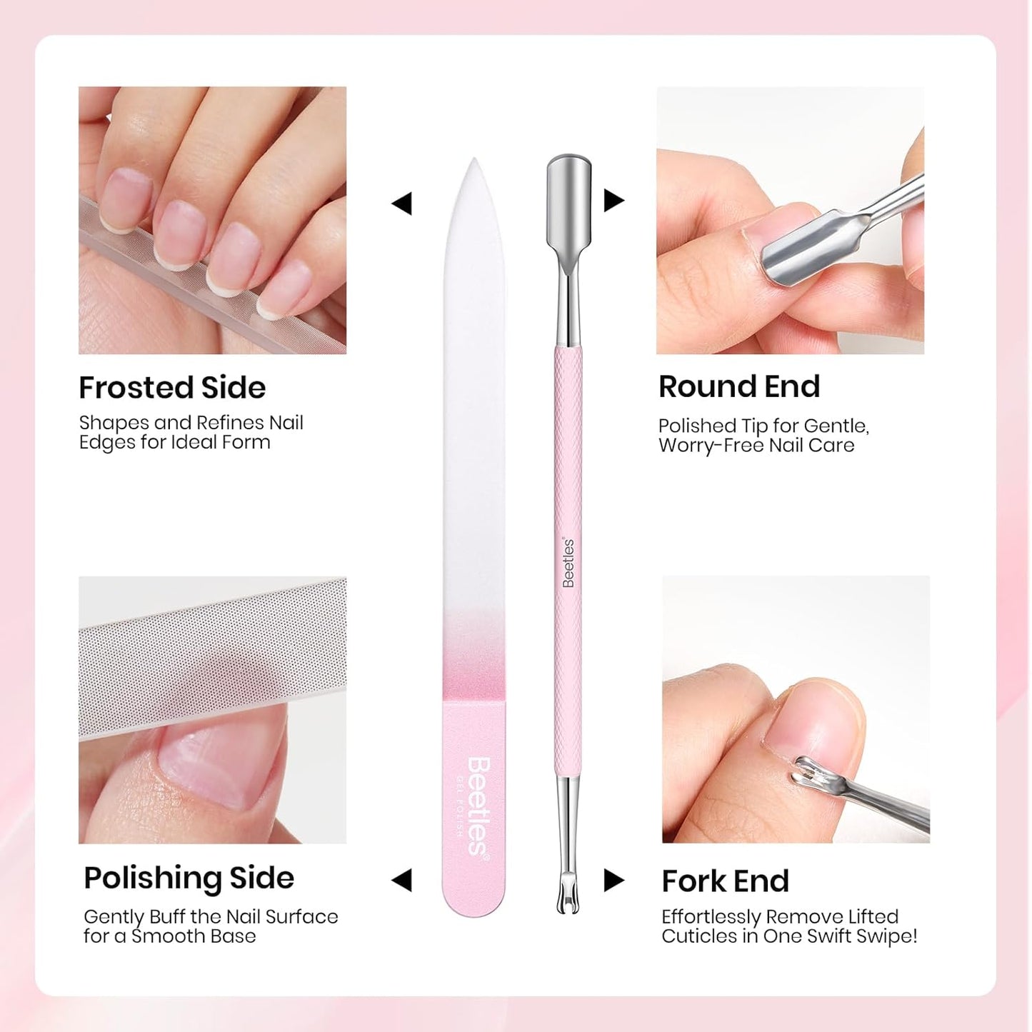 Beetles Cuticle Oil Cuticle Remover Nail Kit with Glass Nail Files Double Side Nails Prep Kit Cuticles Pusher Dual End Cuticles Remover Set Nails Clippers Dust Brush Manicure Set with Storage Pouch