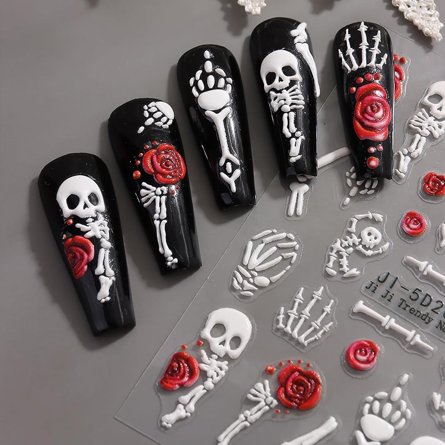 Skull Nail Art Stickers Halloween Pink Red Rose Skeleton Hand Bone Nail Decals 5D Embossed Self-Adhesive Nail Art Supplies White Skull Nail Design Manicure Sliders for Women Nail Decorations 2PCS