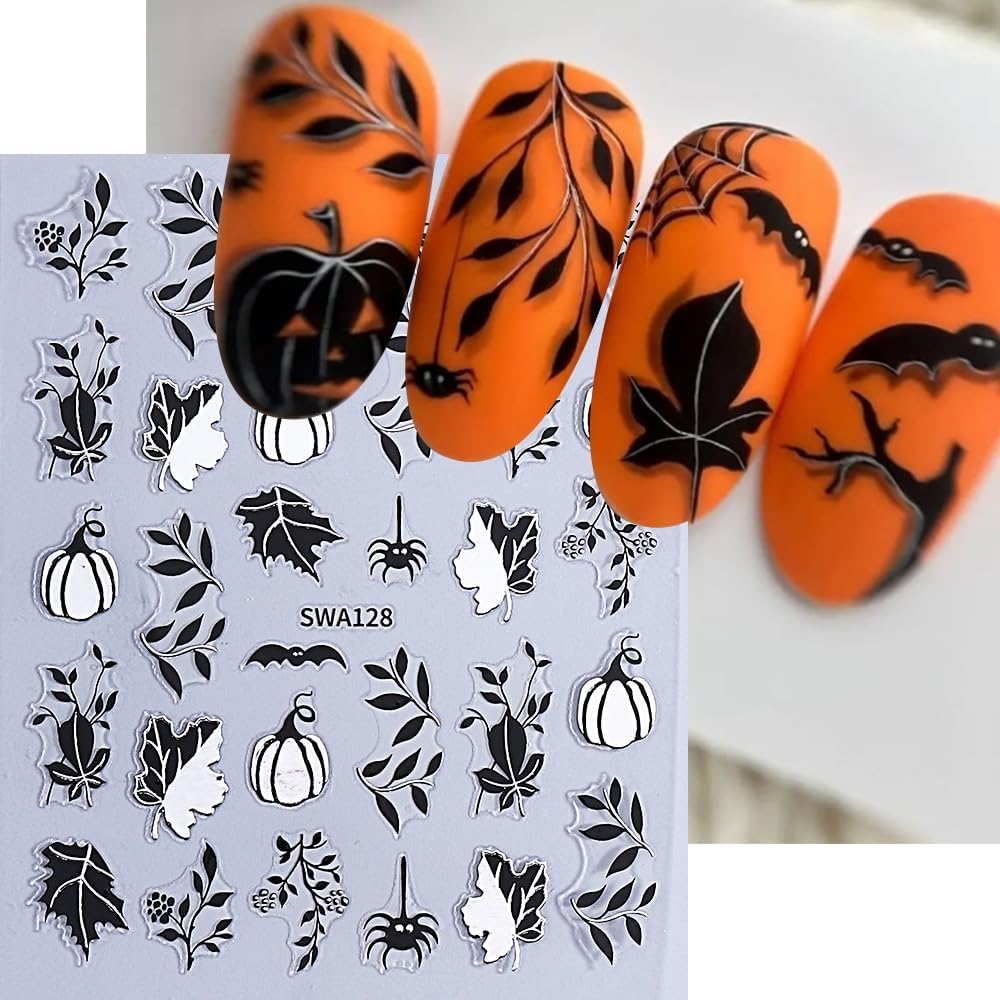 Halloween Pumpkin Nail Art Stickers Decals Fall Maple Leaf Nail Decals 4PCS Ghost Spider Web Bat Fall Leaves Halloween Nails Design 3D Self-Adhesive Nail Stickers for Women DIY Nail Art Decorations