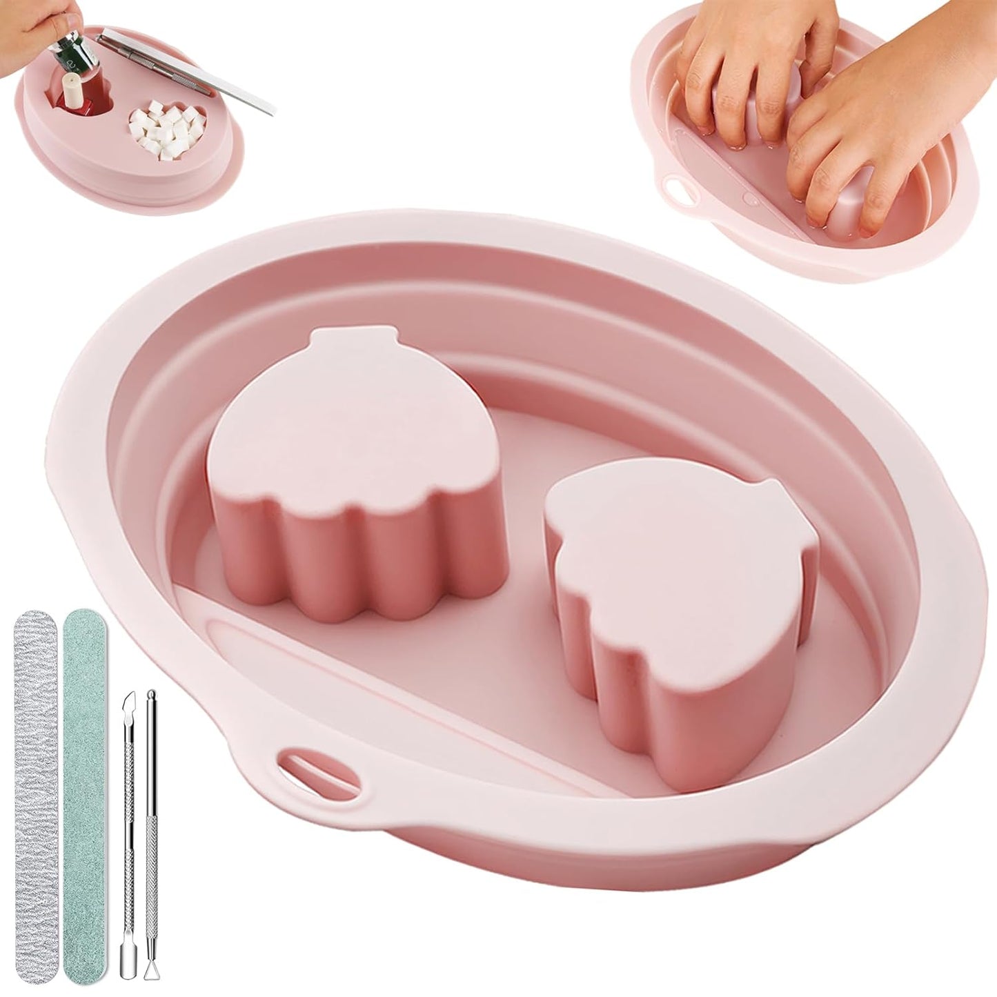 Nail Soaking Bowl, Silicone Foldable Soak Off Gel Polish Dip Powder Manicure Remover Bowl, with Cuticle Pusher, Cuticle Peeler, Nail File