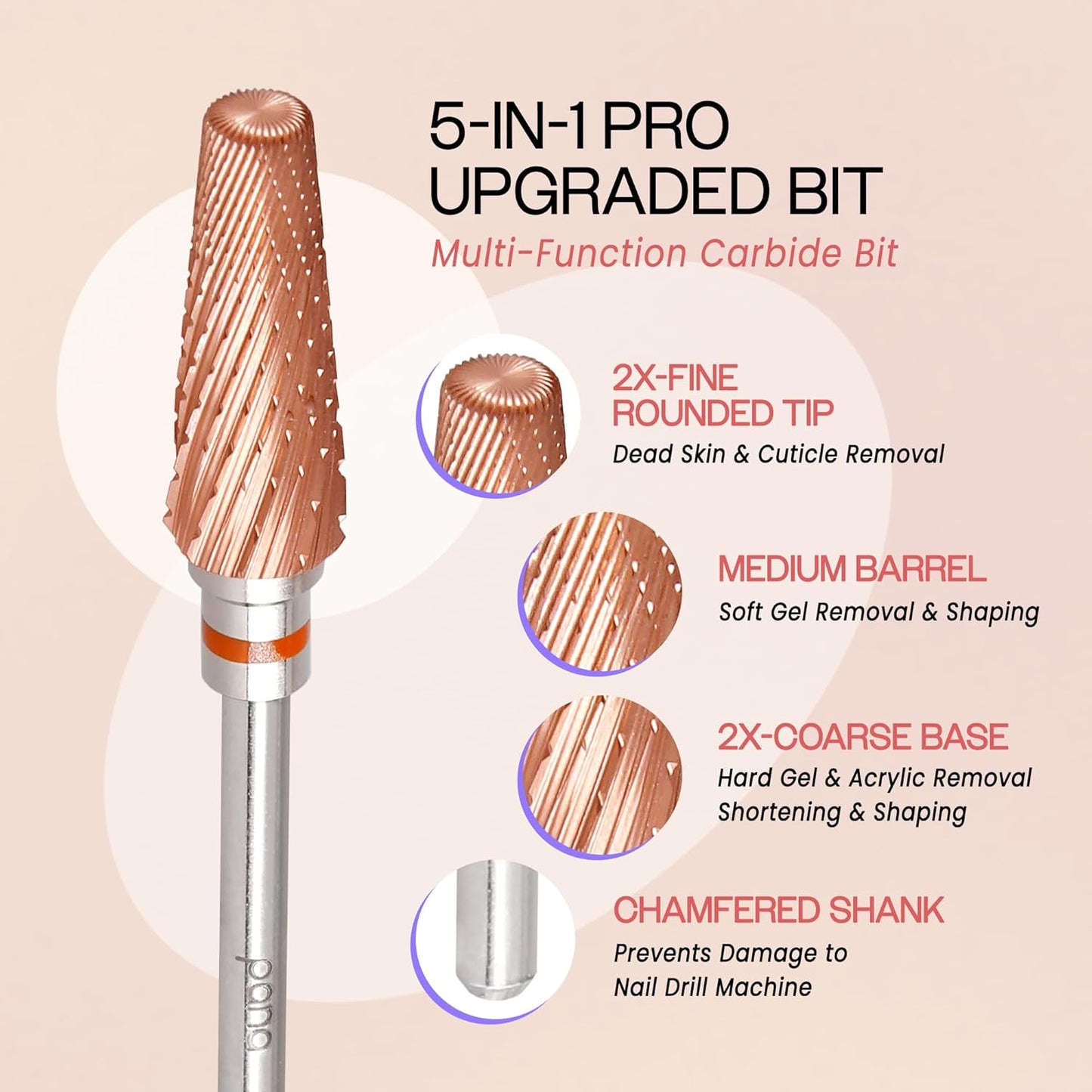 PANA 5-in-1 Pro Upgraded Multi-Function Drill Bit 3/32" Shank Size - (Rose Gold, 2X Coarse to 2X Fine) - Mix Size Tungsten Drill Bit Fast Remove Acrylic Hard Gel Nail for Manicure Pedicure