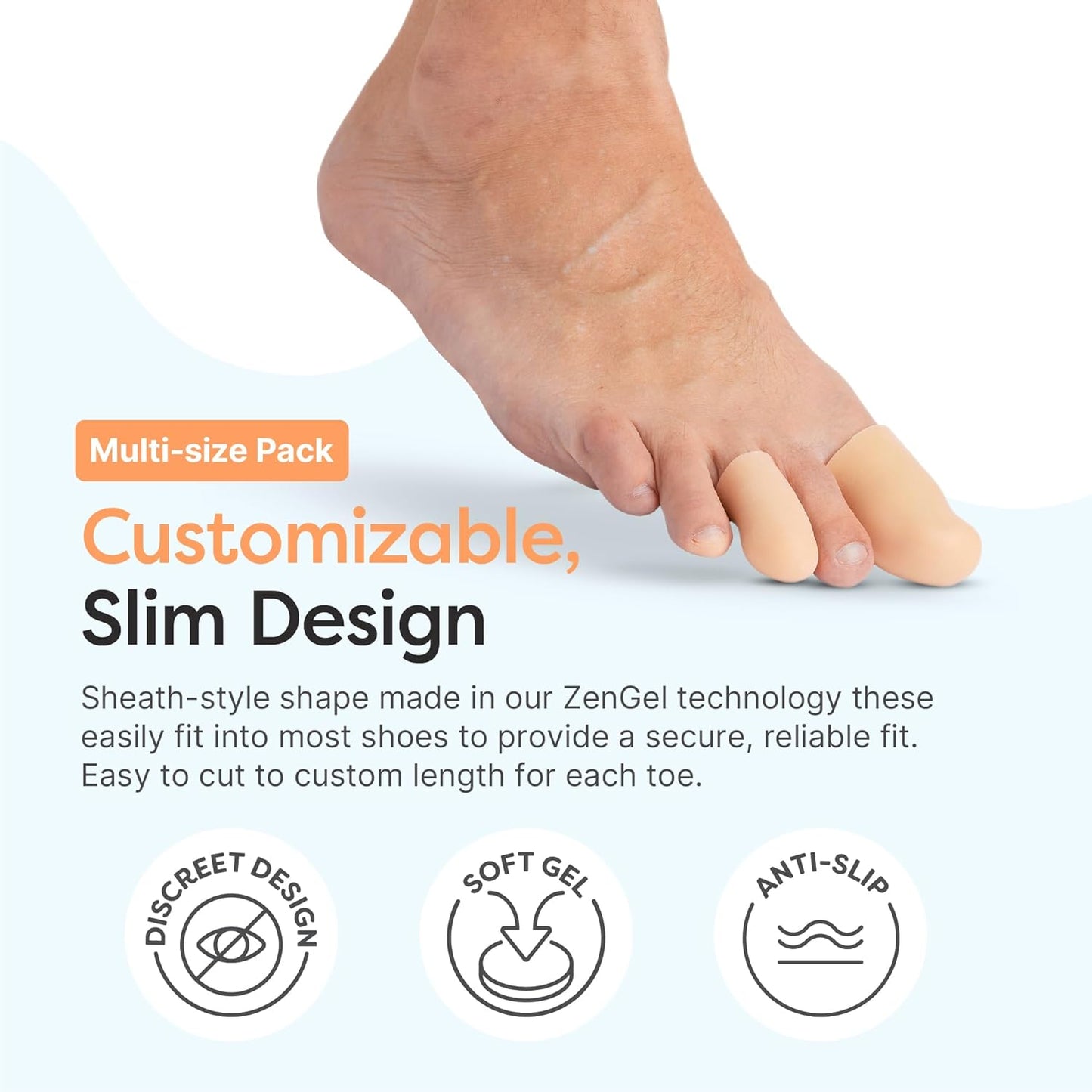 ZenToes 6 Pack Gel Toe Cap and Protector - Cushions and Protects to Provide Relief from Missing or Ingrown Toenails, Corns, Blisters, Hammer Toes (Variety, Beige)