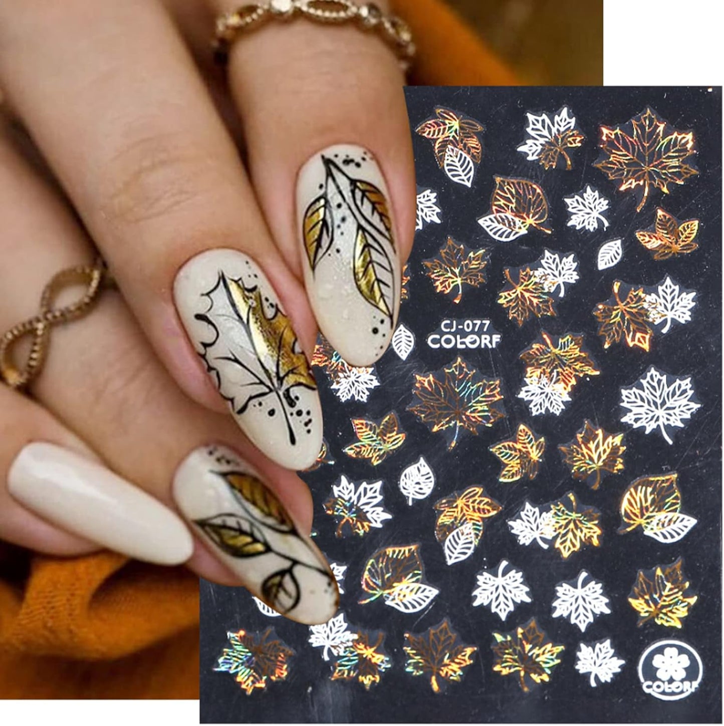 Maple Leaf Nail Art Stickers Decals Fall Nail Stickers 6PCS Golden Autumn Leaves Pine Nut Squirrel Autumn Nails Design Thanksgiving Day Nail Art Supplies Fall Stickers for Nails Manicure Decor