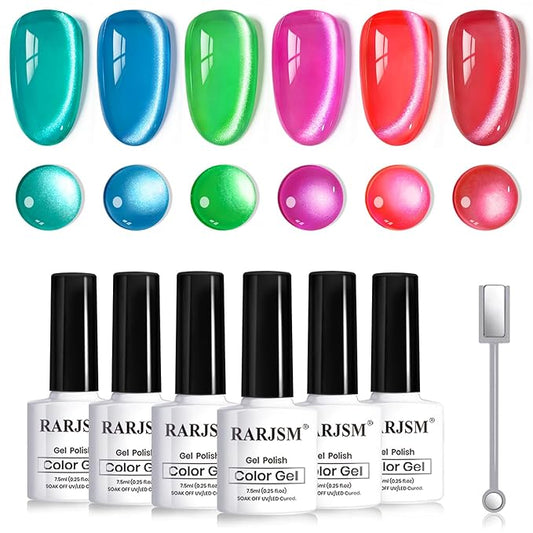 RARJSM Neon Candy Cat Eye Gel Nail Polish Set 6 Colors Bright Pink Blue Green Orange Red Smoothie Ceramic Velvet Silver Cateye Glitter with Magnet Stick UV LED Curing Requires Soak Off Home Salon Diy