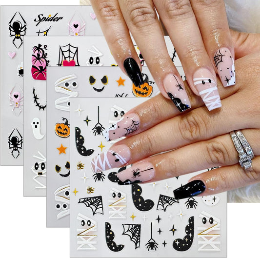 4 Sheets Halloween Nail Stickers 5D Embossed Self-Adhesive Mummy Nail Decals Cute Ghost Pumpkin Spider Web Skull Nails Design Stickers Halloween Nails Art Supplies for Women Holiday DIY Manicure Decor