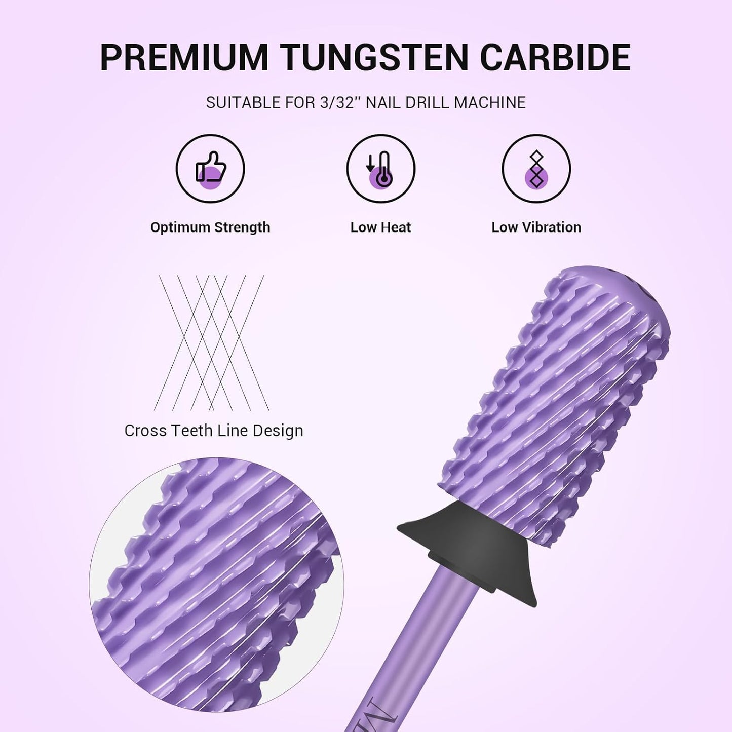 MelodySusie Safety Nail Drill Bits, 3/32'' Smooth Round Top Large Barrel Carbide Bits, Suitable for Manicure Pedicure Cuticle Gel Polishing, Beginners Bits, Purple, Series Bit-S, XC