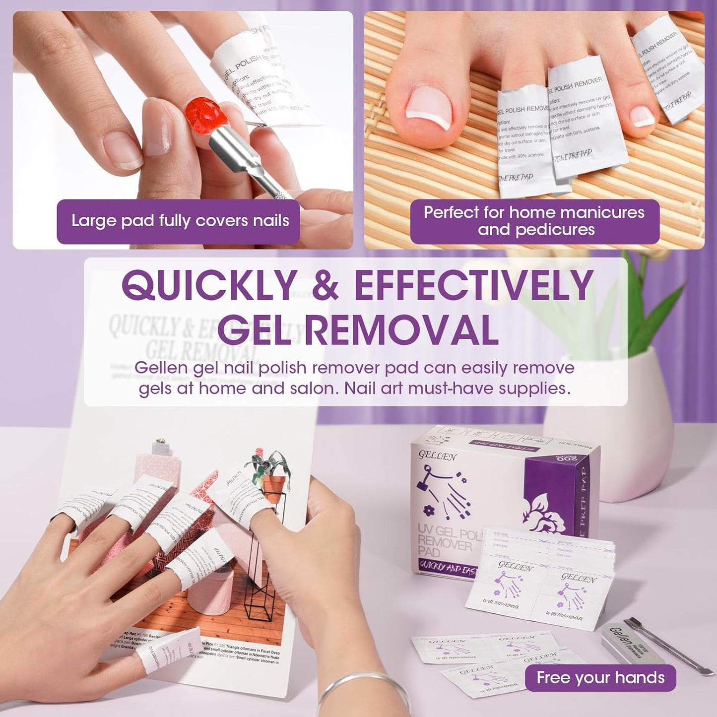 GELLEN Acetone Gel Polish Remover Pads, Professional Nail Polish Remover Pads, 200 Pack Travel Bulk Set with Tools, Individually Wrapped Quick & Effective Soak Off Remover for Salon Home