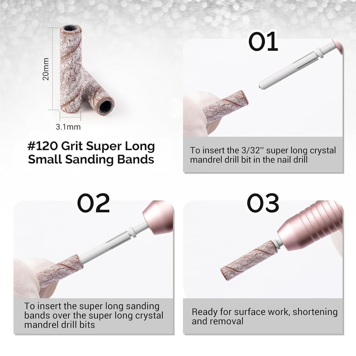 MelodySusie 50 Pcs Nail Drill Bits Super Long Small Sanding Bands with 3.1mm Crystal Mandrel Bit, 120 Medium Grit Nail File for Acrylic Nails Gel Manicures and Pedicure, Zebra
