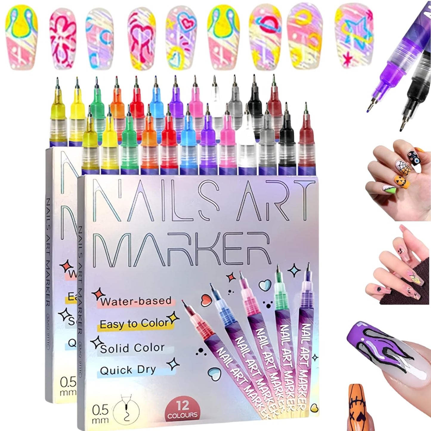12 Colors Nail Art Pens Set,Upgraded Nail Art Markers for Art Design Acrylic Paint Marker,3D Polish Pencil for Gel Nails,Quick Drying Waterproof DIY Pen for Home & Salon Manicure Tools (24 Pcs)