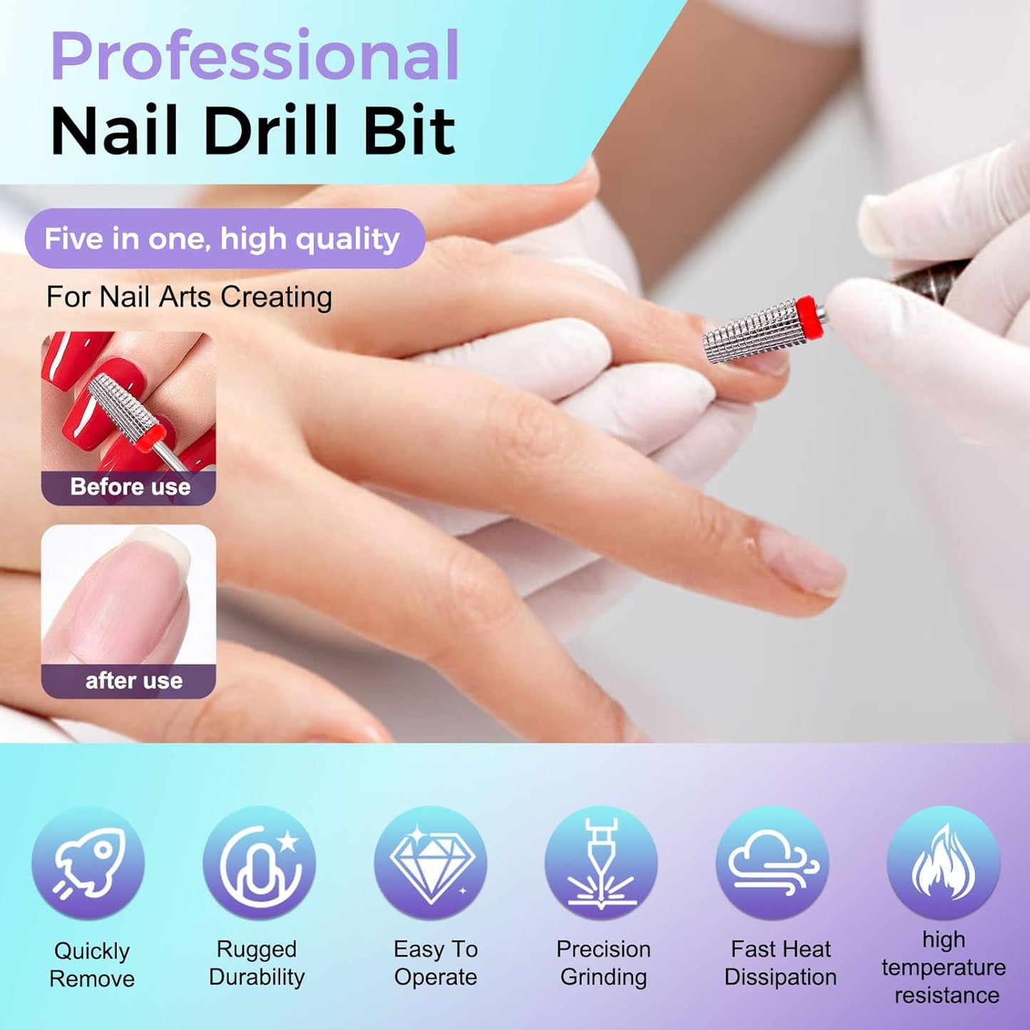 Fantexy 5 in 1 Nail Drill Bits,Professional 3/32" Shank Tungsten Steel Bits for Acrylic Nails,Manicure,Nail Art,Drill Machine,Both Left and Right Handed - Two Way Rotate Use (Fine - F)