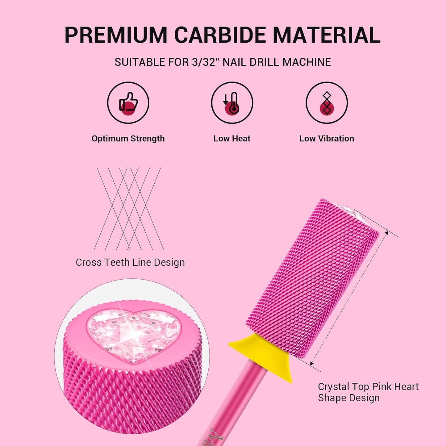 MelodySusie Large Barrel 3/32'' Tungsten Carbide Nail Drill Bit, Crystal Top Pink Heart Shape, Fast Remove Acrylic Gel, Cuticle Gel Polishing for Manicure Pedicure, Pink Blossom, Series Bit-S, XF