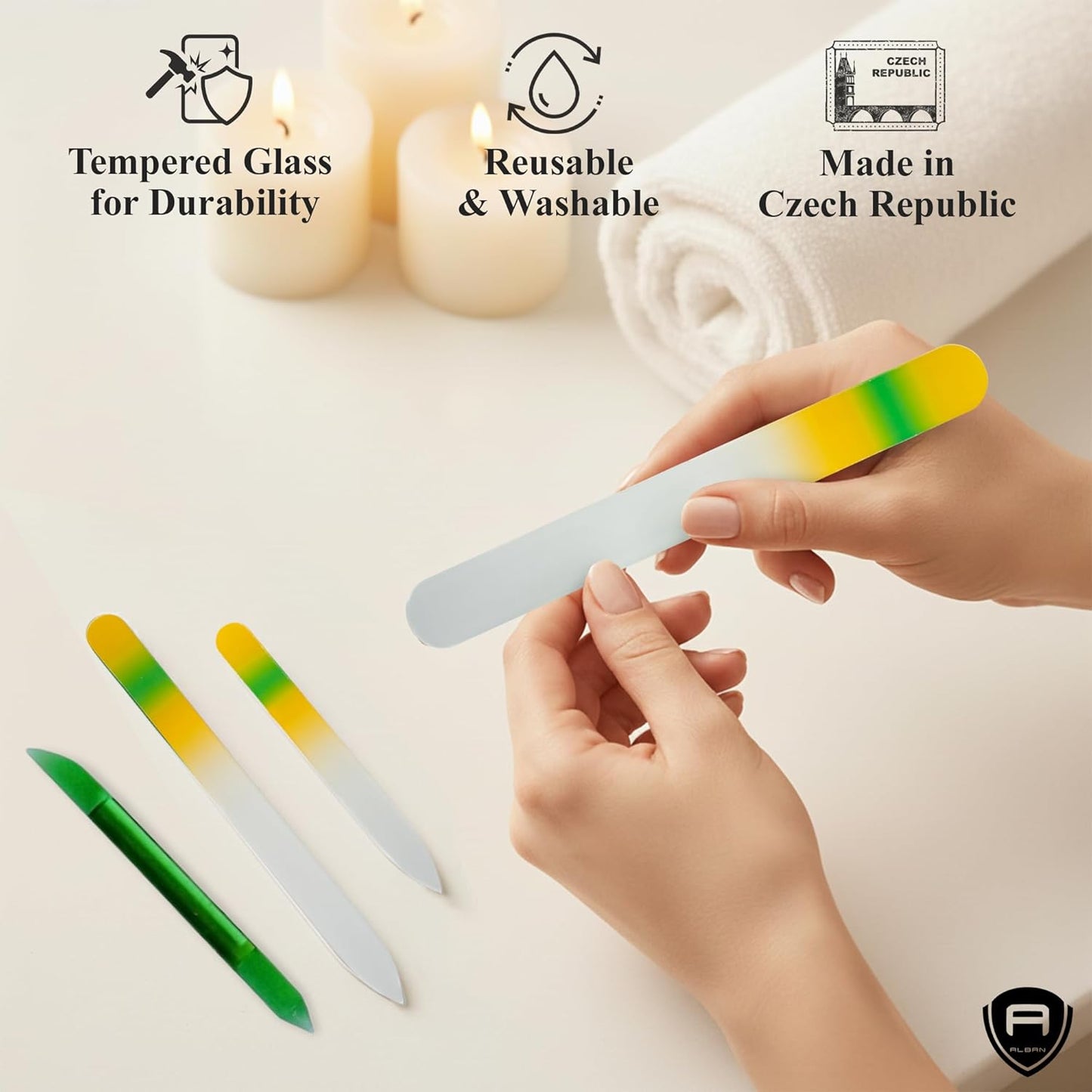 Alban Czech Glass Nail File Parent (Yellow & Green & Green Manicure, 5, Count, 180/240 Grit)