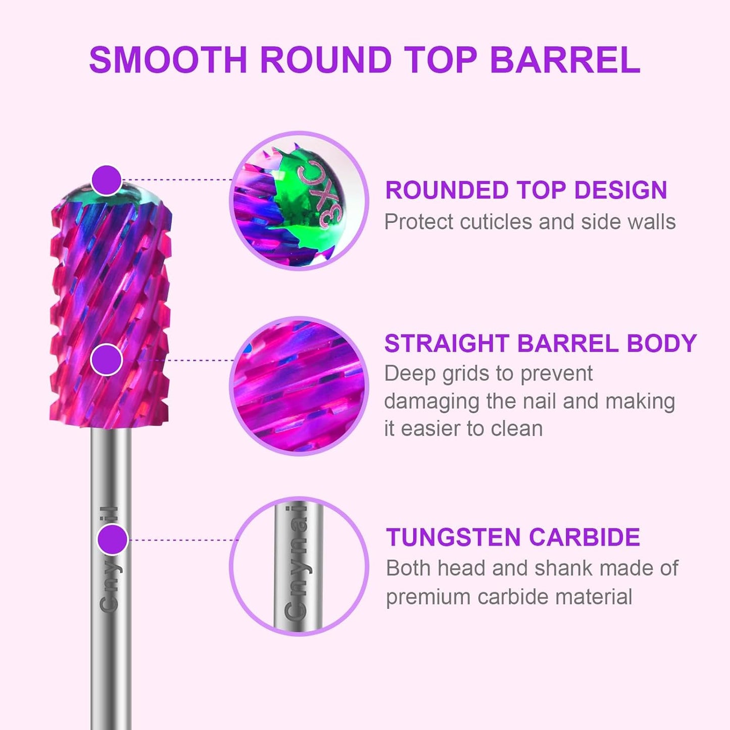 3/32" 2PCS Large Barrel Smooth Round Top Tungsten Carbide Nail Drill Bit Safety Bit for Gel & Acrylic Removal, 2-Way Rotating Efile Tip, Salon Electric File Accessory (3XC Grit, Purple)