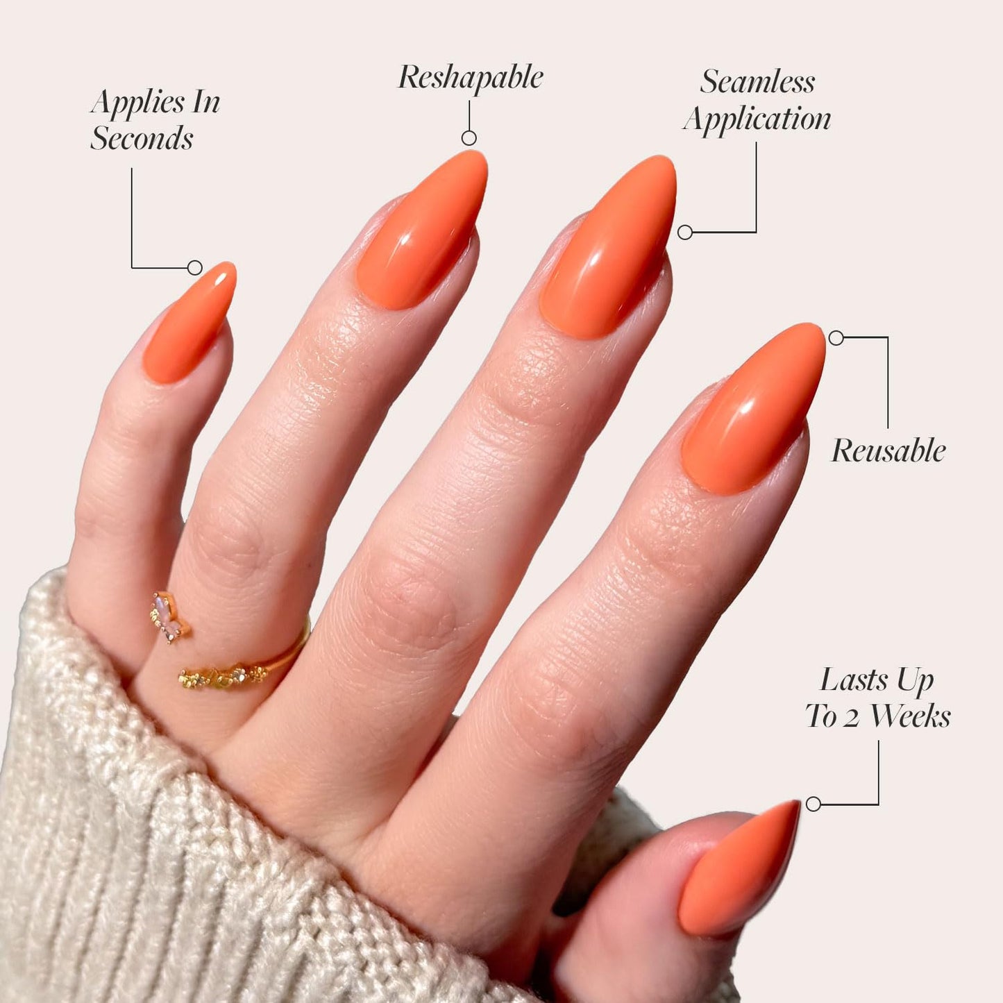 Glamnetic Press On Nails - Soft Tangerine | Medium Almond Orange Fake Nails with Glossy Finish, Salon Quality | 15 Sizes - 30 Nail Kit with Glue