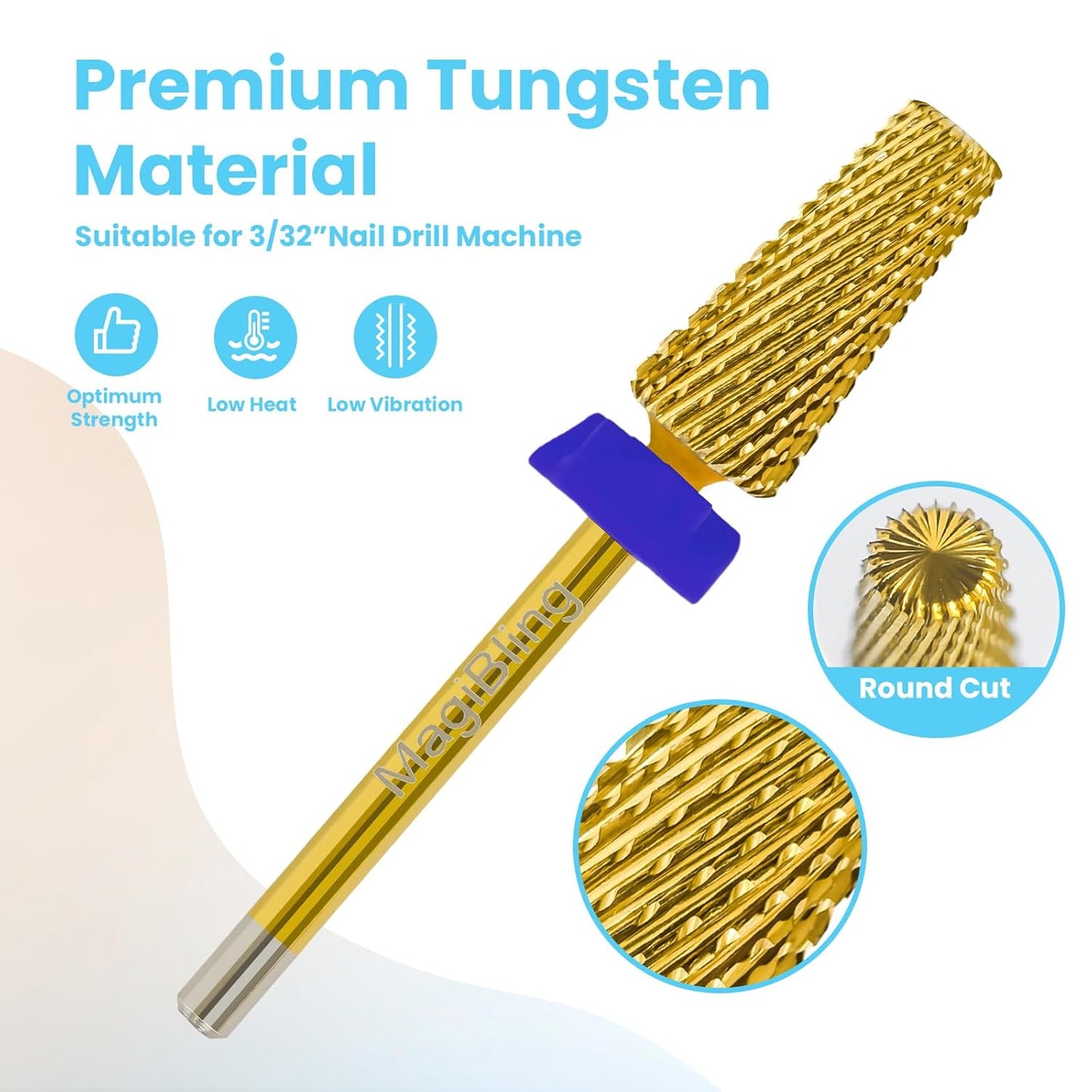 Professional 5 in 1 Tapered Nail Drill Bits, 3/32'' Safety Tungsten Carbide Bits, Remove Gel Fast Left & Right Hand Use, Easy for Beginner, Technicians Bits, Gold, Medium.