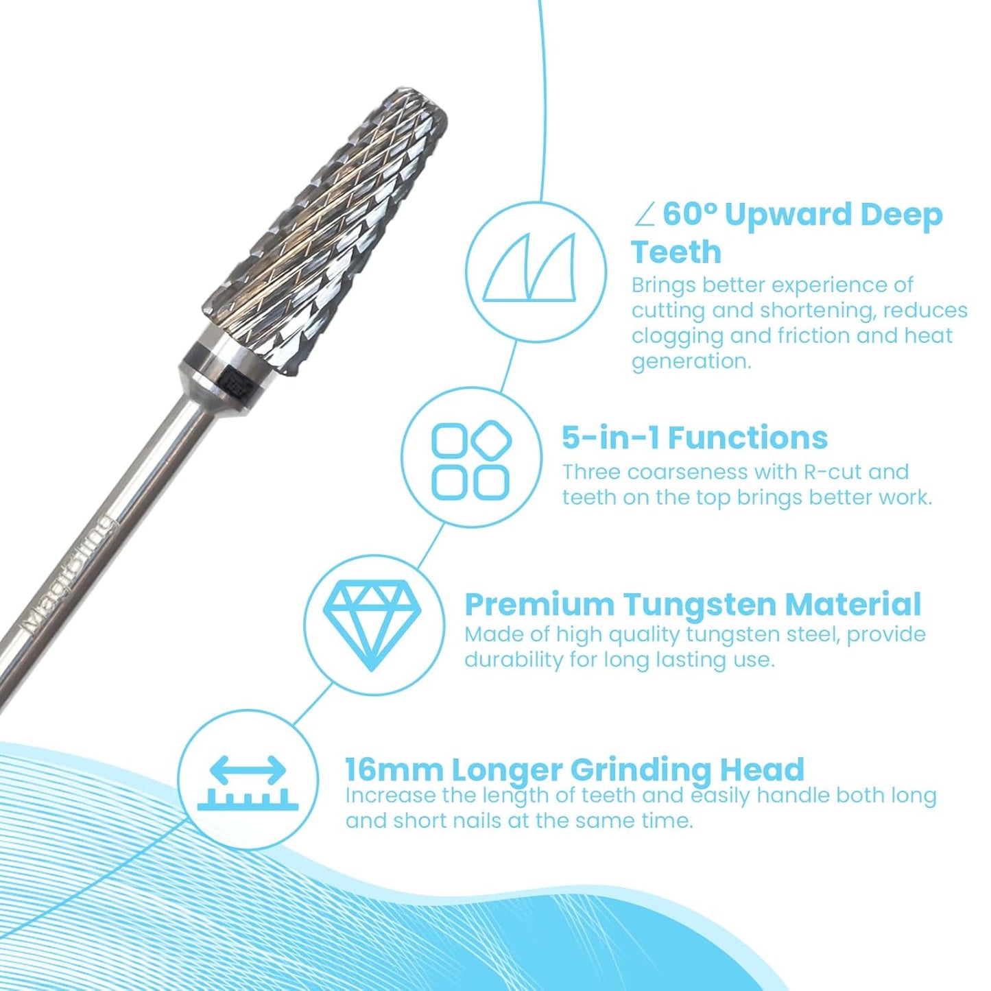 Super Cut 5 In 1 Nail Drill Bits, Tapered Barrel 3/32'' Safety Tungsten Bits, Upward Cut for Hard Gel Removal, Right Hand Use, Manicure Cuticle Gel Polishing, Technicians Bits, Extra Coarse.