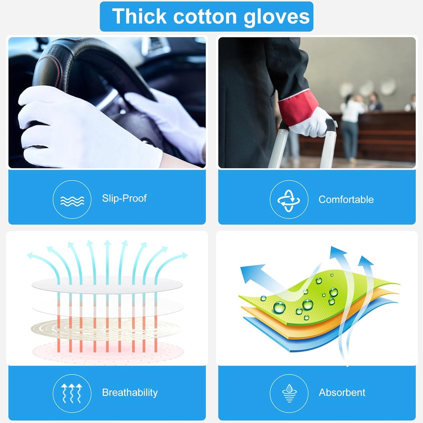 White Gloves, 6 Pairs(12 Pcs) Thinck Cotton Gloves for Dry Hands Sleeping, Moisturizing Gloves Spa Eczema Overnight, Work Gloves for Coin Jewelry Service