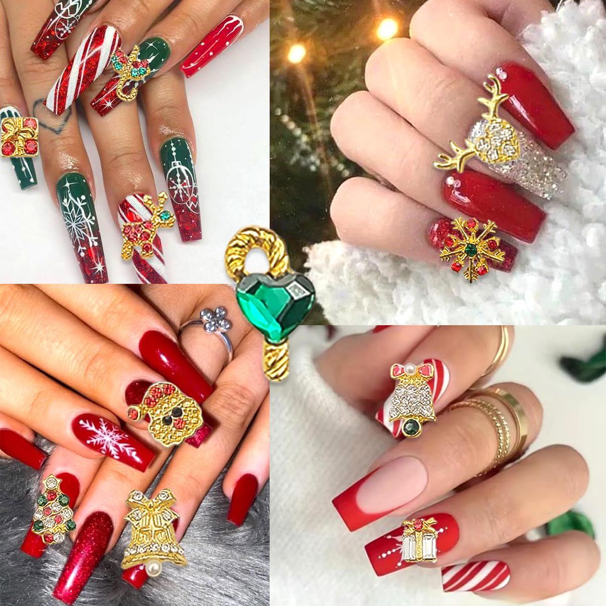 17Pcs Christmas Nail Charms Gold 3D Alloy Reindeer Snowflake Santa Claus Nail Art Charms Shiny Red Green Nail Rhinestones Bling Winter Nail Gems Xmas Gift Nail Supplies for Women Luxury Crystal DIY