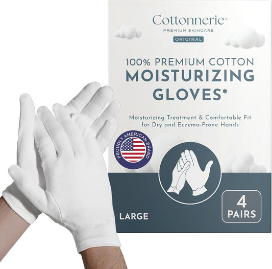 4 Pairs Cottonnerie Original Cotton Gloves for Dry Hands Sleeping, Moisturizing Gloves Overnight, Hand Moisturizer Gloves, Moisture Gloves for Dry Hands Overnight, Sleeping Gloves, Large
