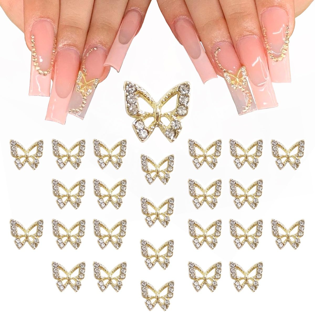 24pcs Golden Butterfly Nail Charms Bulk 3D Charms for Acrylic Nails, Gold Butterflies Nail Rhinestones Charms Nail Alloy Studs Art Jewels Diamonds Gems Decor Supplies for Nails Face Makeup DIY