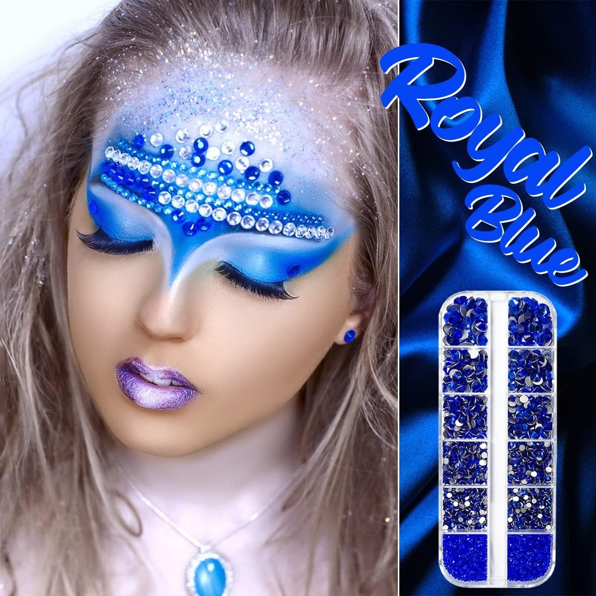 4010pcs Blue Rhinestones Sapphire Blue Nail Rhinestones Flatback Stones K9 Glass Royal Blue Nail Gems Crystals Nail Charms Nail Art Kit 6 Sizes(1.6-6.1mm) to SS30 for Nails Face Eyes Makeup Crafts