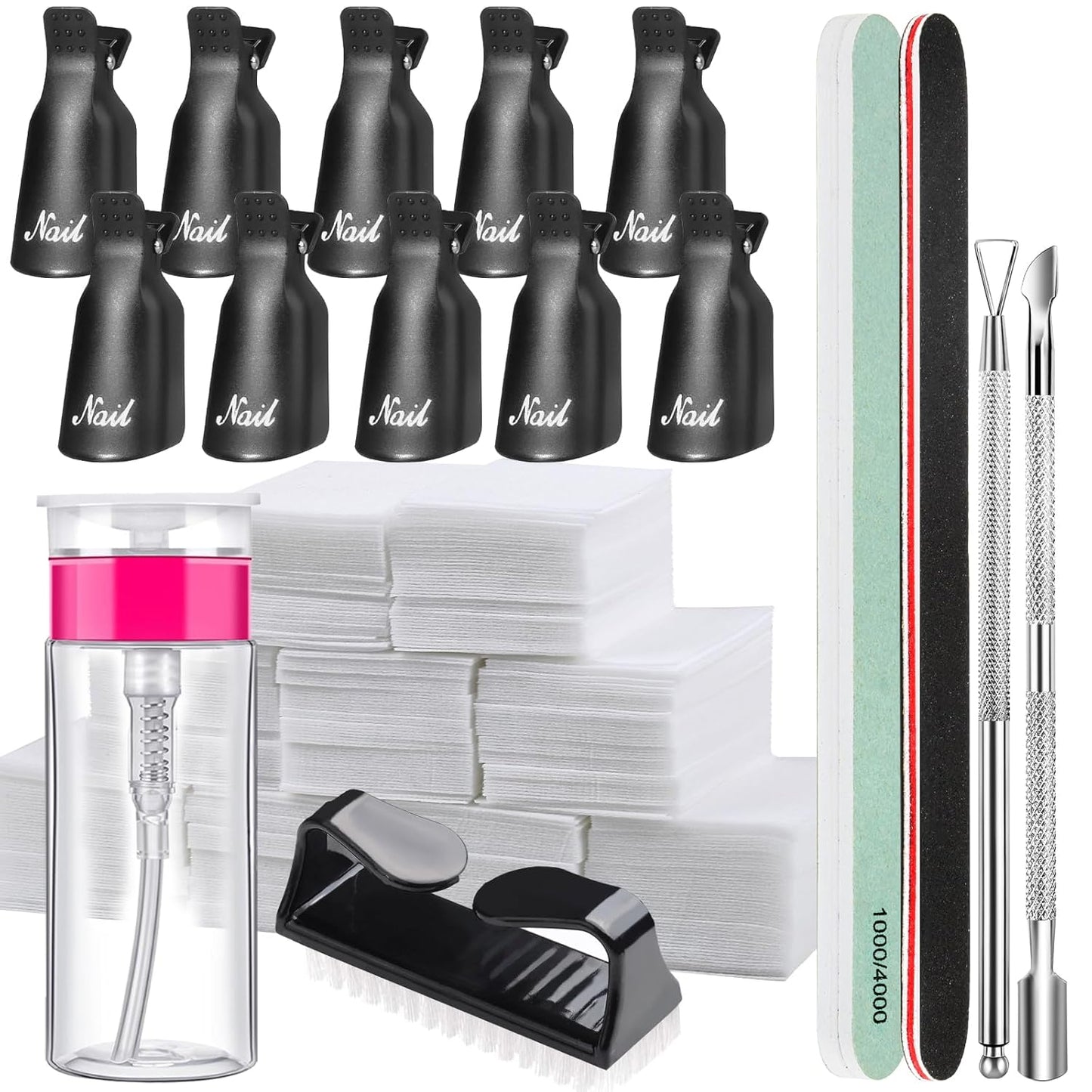 FANDAME Gel Nail Polish Remover Tools Kit, 10 PCS Nail Polish Remover Clips Black, 100ml Nail Polish Remover Bottle, 500PCS Cotton Pad, Nail Brush, Cuticle Pusher, Nail File, Buffer Block Tools kit