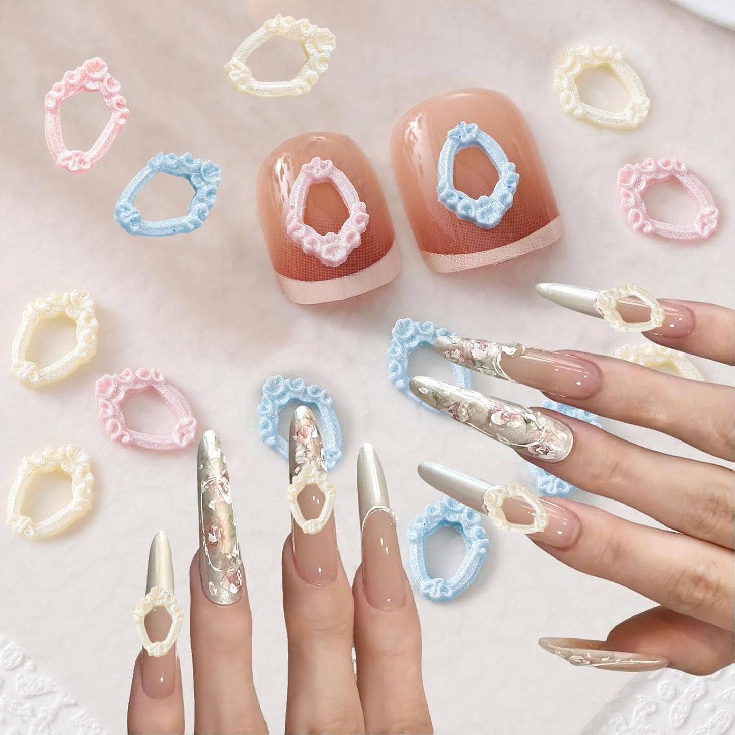 Victorian Frame Nail Charms, 150 Pieces, Yellow Pink Blue, 3D Nail Art Decorations