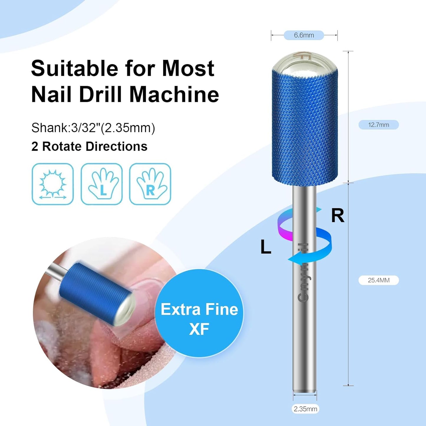 3/32" Large Barrel Smooth Round Top Tungsten Carbide Nail Drill Bit Safety Bit for Gel & Acrylic Removal, 2-Way Rotating Efile Tip, Salon Electric File Accessory (XF Grit, Blue)