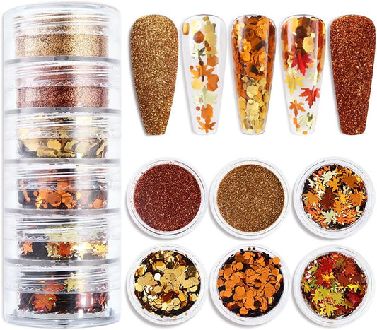 Golden Fall Nail Art Glitters Maple Leaf Nail Sequins Autumn Leaves Nail Decoration Accessories 3D Maple Leaves Nail Decals Professional Fall Nail Designs for Women Manicure DIY 6 Jars