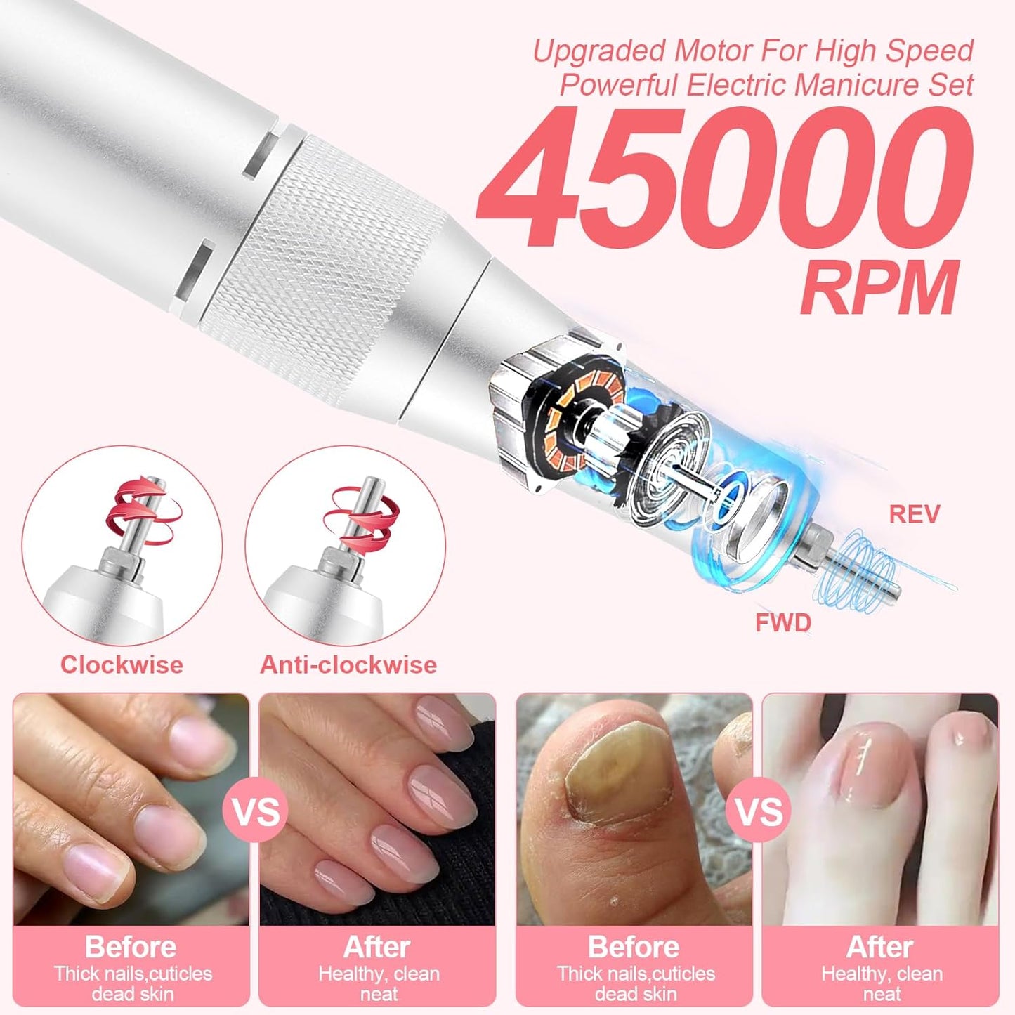 Electric 45000RPM Nail Drill Machine Rechargeable Portable Nail File Electric DIY Nail Drill Kit with Smart LCD Screen for Gel Nail Manicure and Pedicure Reflective Body etc (Blue)