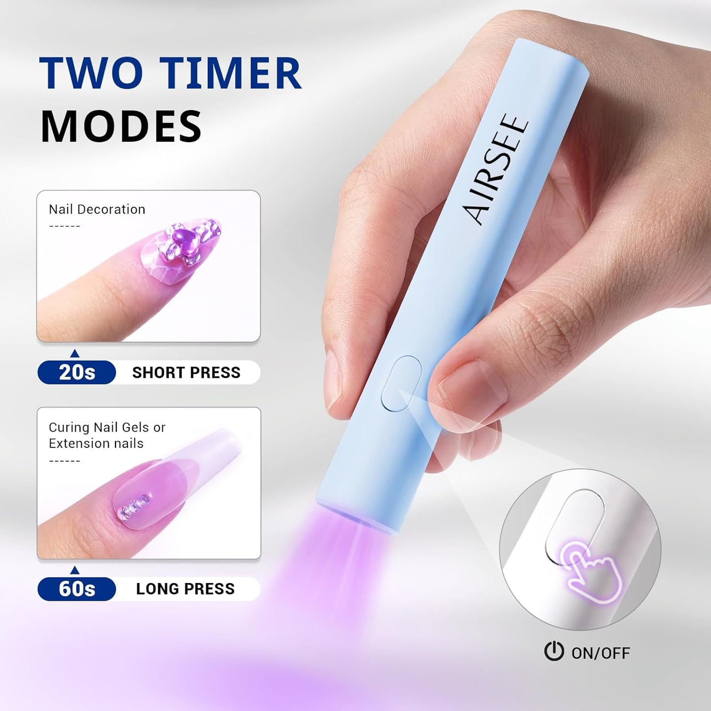 AIRSEE Mini Handheld UV Light,Portable Rechargeable Nail Lamps,2 Timers for Fast Nail Extension,Rhinestone Glue Decoration,Gel Strips at Home,Travel(Blue)