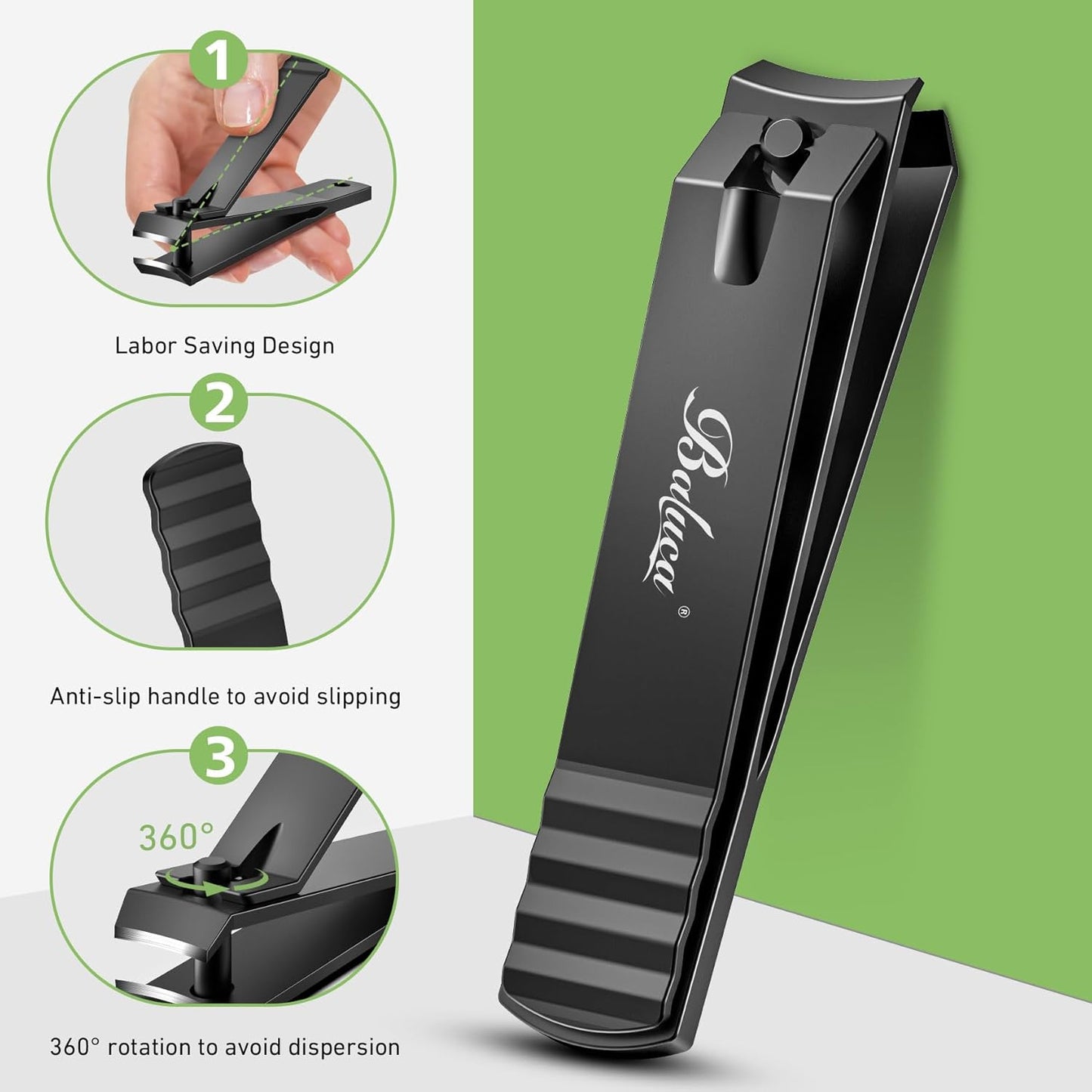 BALUCA Curved Toenail Clipper for Thick Nails, Heavy Duty Stainless Steel Toe Nail Clippers for Seniors, Men & Women, Stainless Steel Nail Cutter for Accurate Trimming and Grooming (All Black)