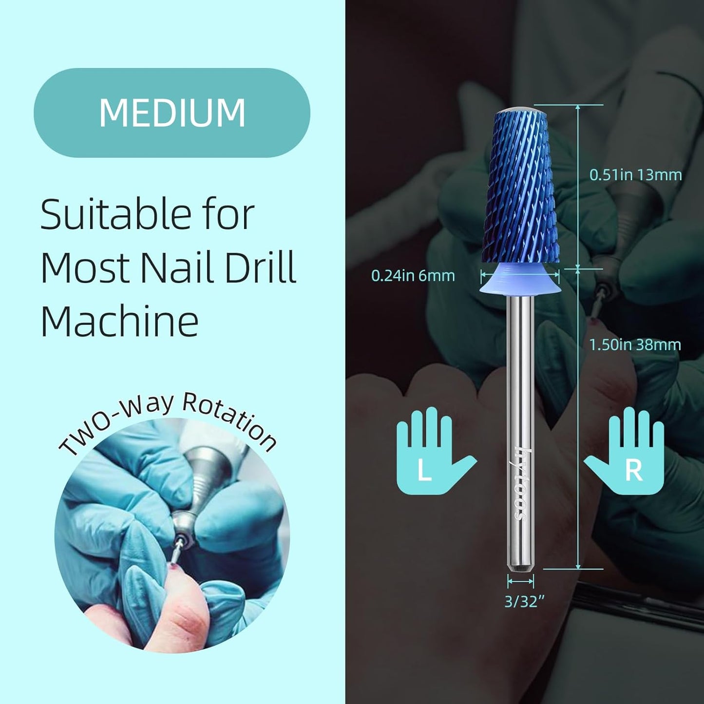 Safety Tapered Nail Drill Bits, Medium Blue Nano Smooth Top Barrel Nail Bit, 3/32 Two-way Carbide Drill Bits for Nails, Electric Drills Files Accessories Removal Manicure Gel