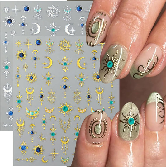 2 Sheets Star Sun Moon Nail Art Stickers 5D Embossed Gold Silver Nail Stickers Bohemian Style Blue Green Crystal Diamonds Design Star Nail Art Decals Manicure Slider for Women DIIY Nail Decorations