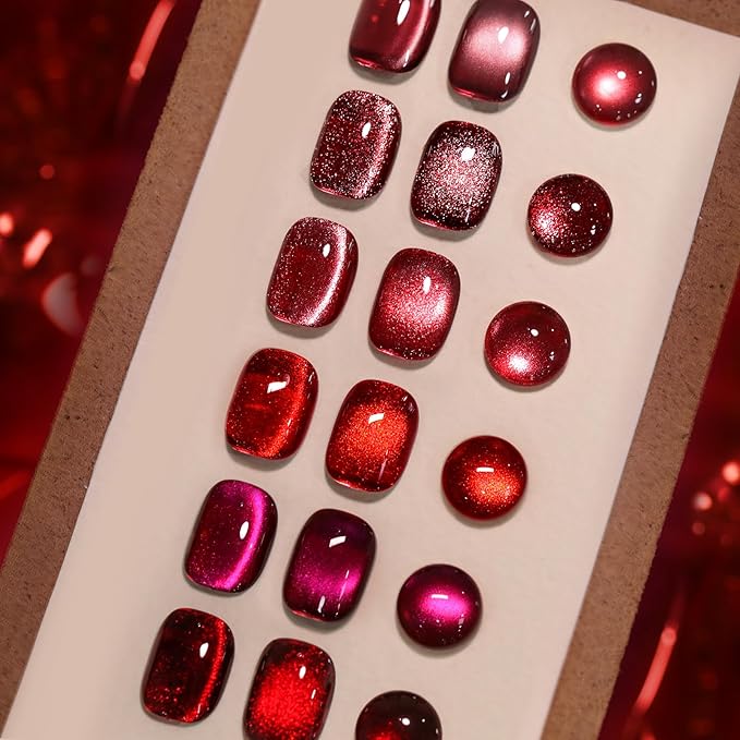 Born Pretty Christmas Red Cat Magnetic Eye Gel Nail Polish Set,6 Colors Burgundy Dark Cherry Red Glitter Shimmer Magnetic Gel Polish Kit Fall Winter Soak Off U V Nail Polish DIY Art for Women 7ML