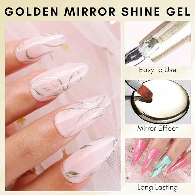 Makartt Chrome Gel Nail Polish: 8ml Metallic Gel Nail Polish, Gold 3D Metal Painting Gel for Nail Art Soak off UV/LED Glossy Mirror Effect Nail Glue Gel for Home Salon DIY Manicure