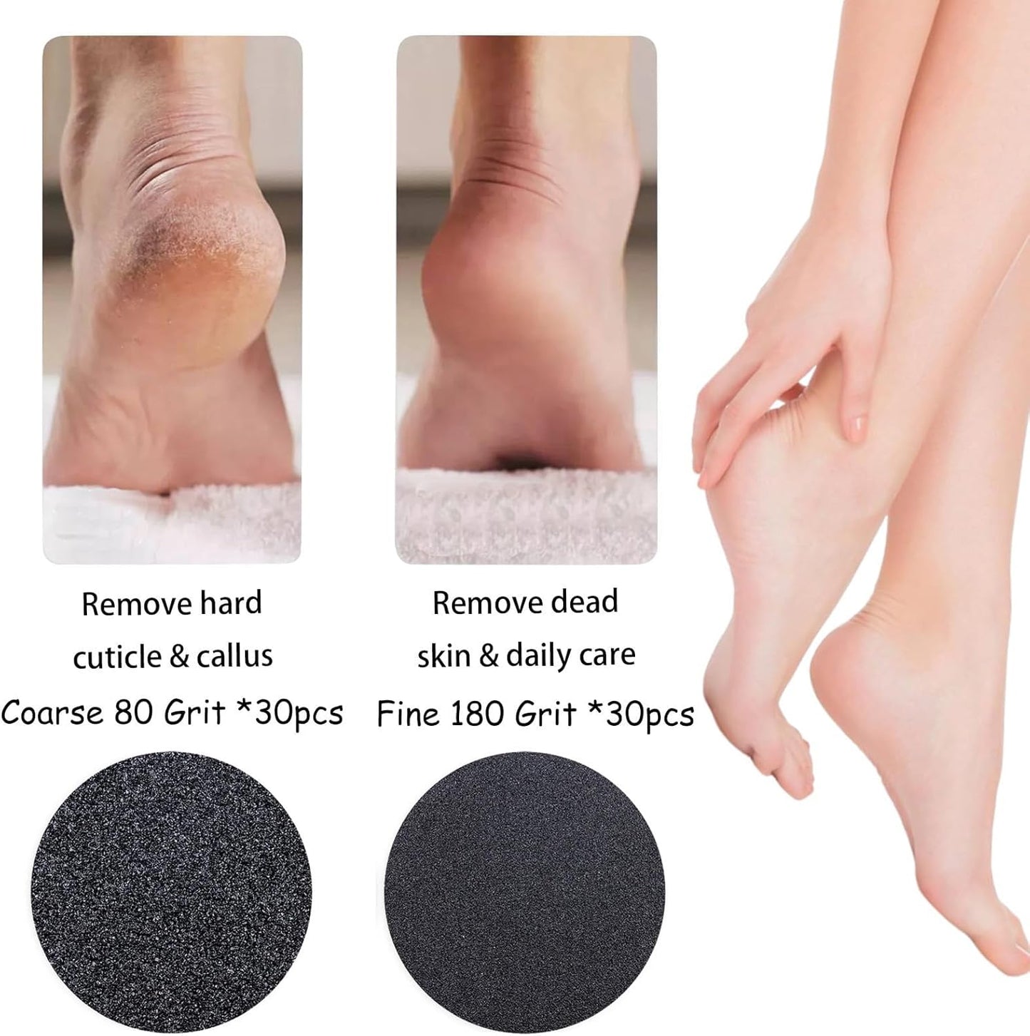 60 Pcs Foot File Sandpaper Discs Replaceable Foot Sanders Refill Callus Disks for Electric Callus Remover Dead Skin Removal (30pcs Coarse 80 Grit + 30pcs Fine 180 Grit)