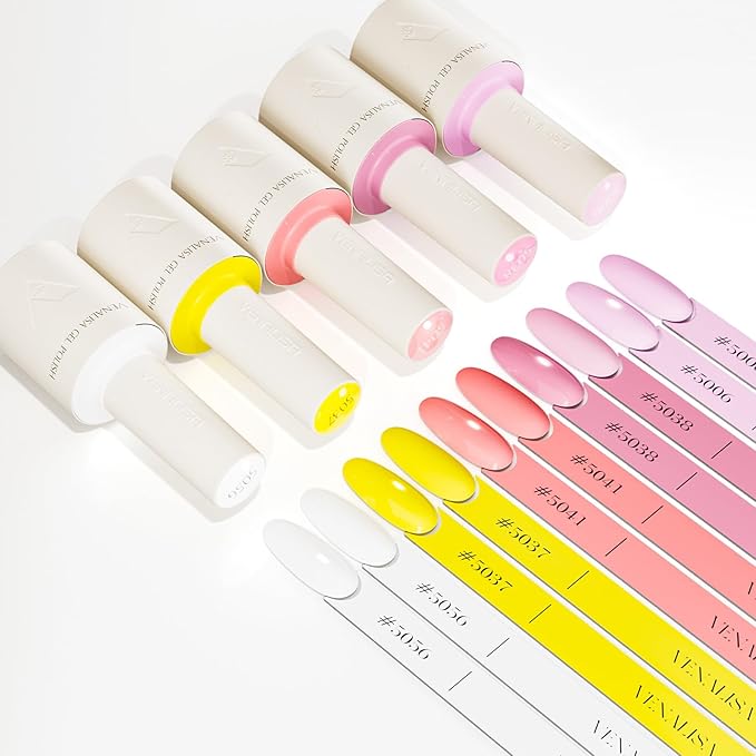 VENALISA 10 ML Gel Nail Polish Set with DIY Nail tips Kit, 5 Pcs White Yellow Pink Light Purple Gel Polish Color High Gloss Soak Off U V Nail Manicure Salon DIY