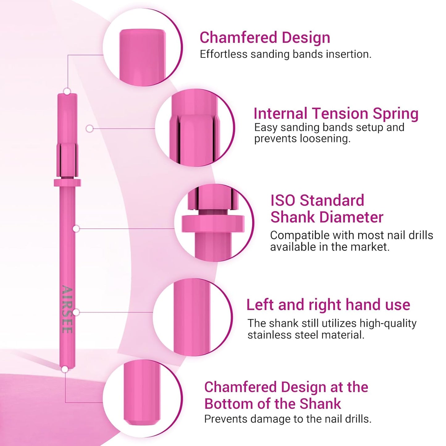 AIRSEE 3.1mm Small Nail Drill Mandrel Bits for Mini Efile Sanding Bands, Stainless Steel Professional Electric Head Clean Remove Cuticle Removing, Acrylic Manicure Sander Safety (Pistil Pink)