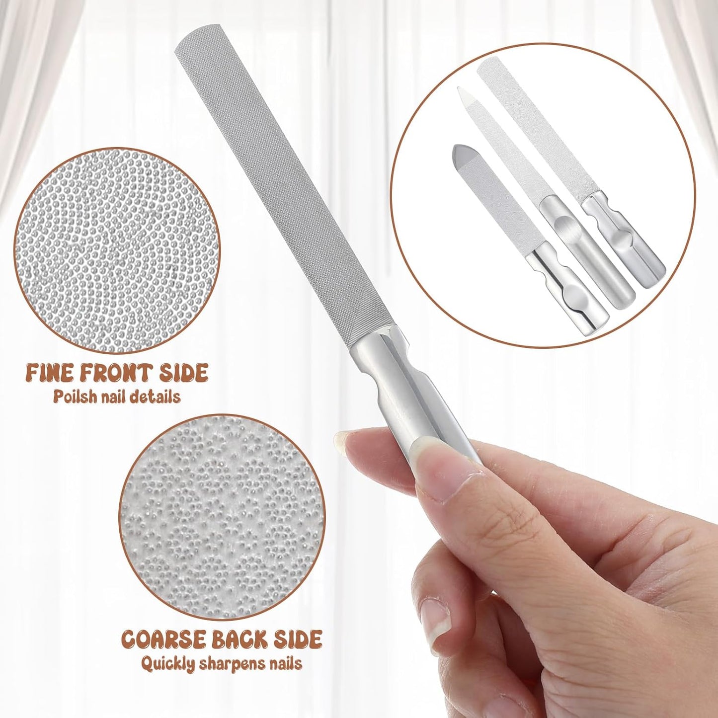 Stainless Steel Nail Files with Leather Case, 3 Sizes Files Set Double Sided Anti-Slip Handle Metal Nail Buffer Pointed Tip Manicure Tool Professional Curved Rasp Natural Fingernail Home Salon