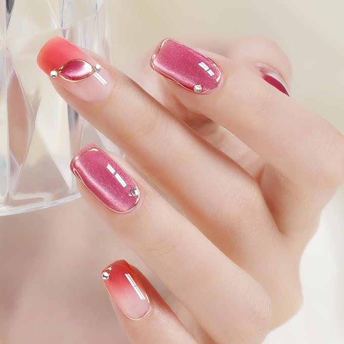 AILLSA Cat Eye Gel Nail Polish Pink Rose Glitter Crystal Polish with Magnet, Nude Burgundy Sparkle Nail Polish Reflective Translucent Jelly Color U V Magnetic Gel Salon DIY at Home 0.5 OZ GF20