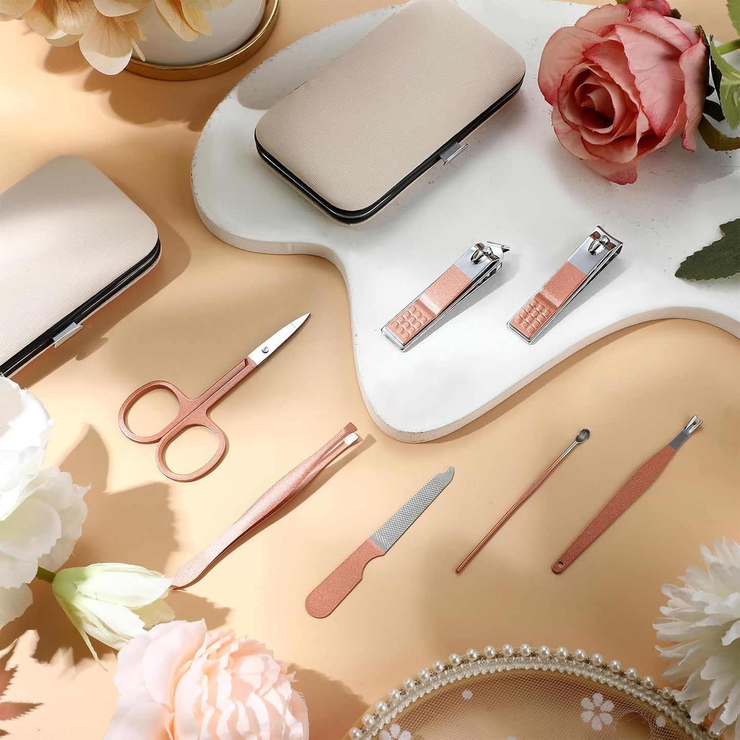 Lasnten 100 Bulk Nail Clipper Set Bulk Manicure Kit Stainless Steel Pedicure Professional Nail Care Kit with Travel Case Portable Grooming for Husband Men Women Family(Rose Gold,8 in 1)