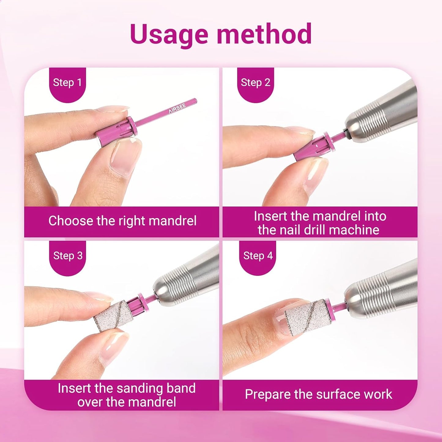 AIRSEE Nail Drill Mandrel Bit for Efile Sanding Bands, Stainless Steel Professional Electric File Head for Clean Cuticle Removing, Acrylic Tip Dead Skin Sander Remover Manicure Safety (Rose Pink)