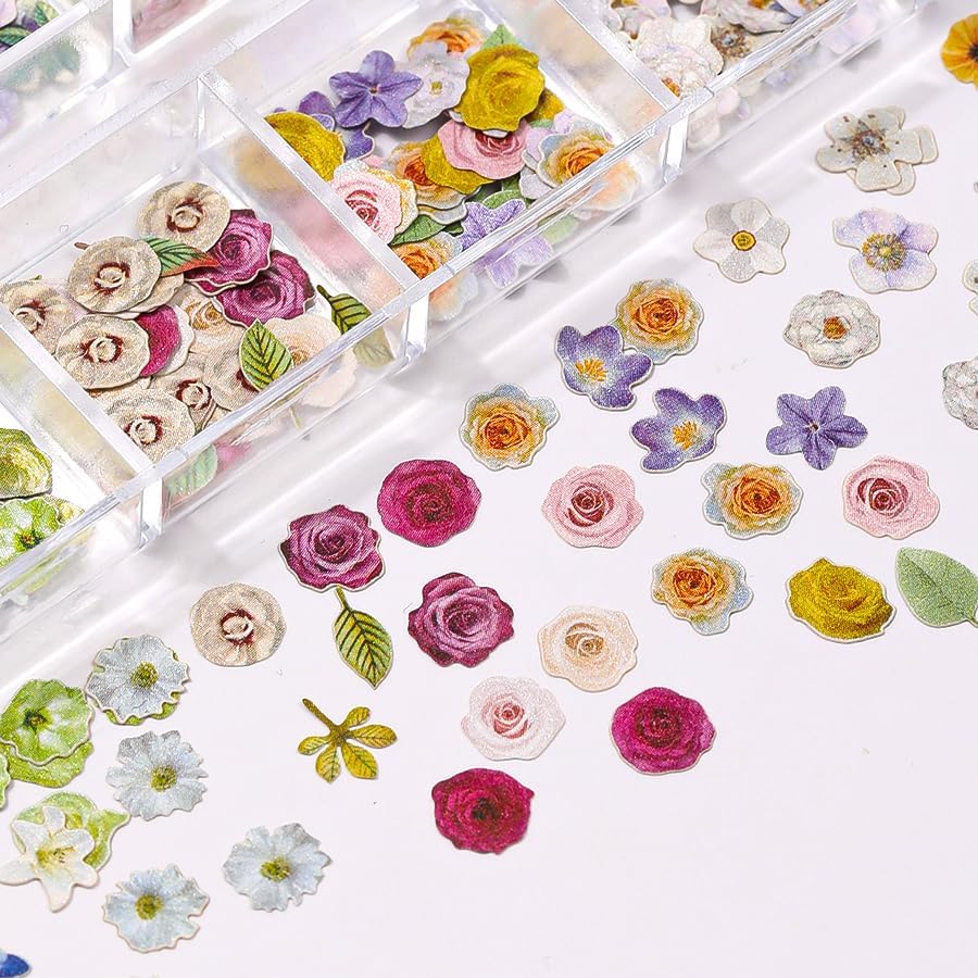 300pcs 3D Flower Nail Art Sequins Decals Colorful Mixed Flowers Leaves Design Slice Nail Flowers Ultra Wood Pulp Flakes Sequins 2