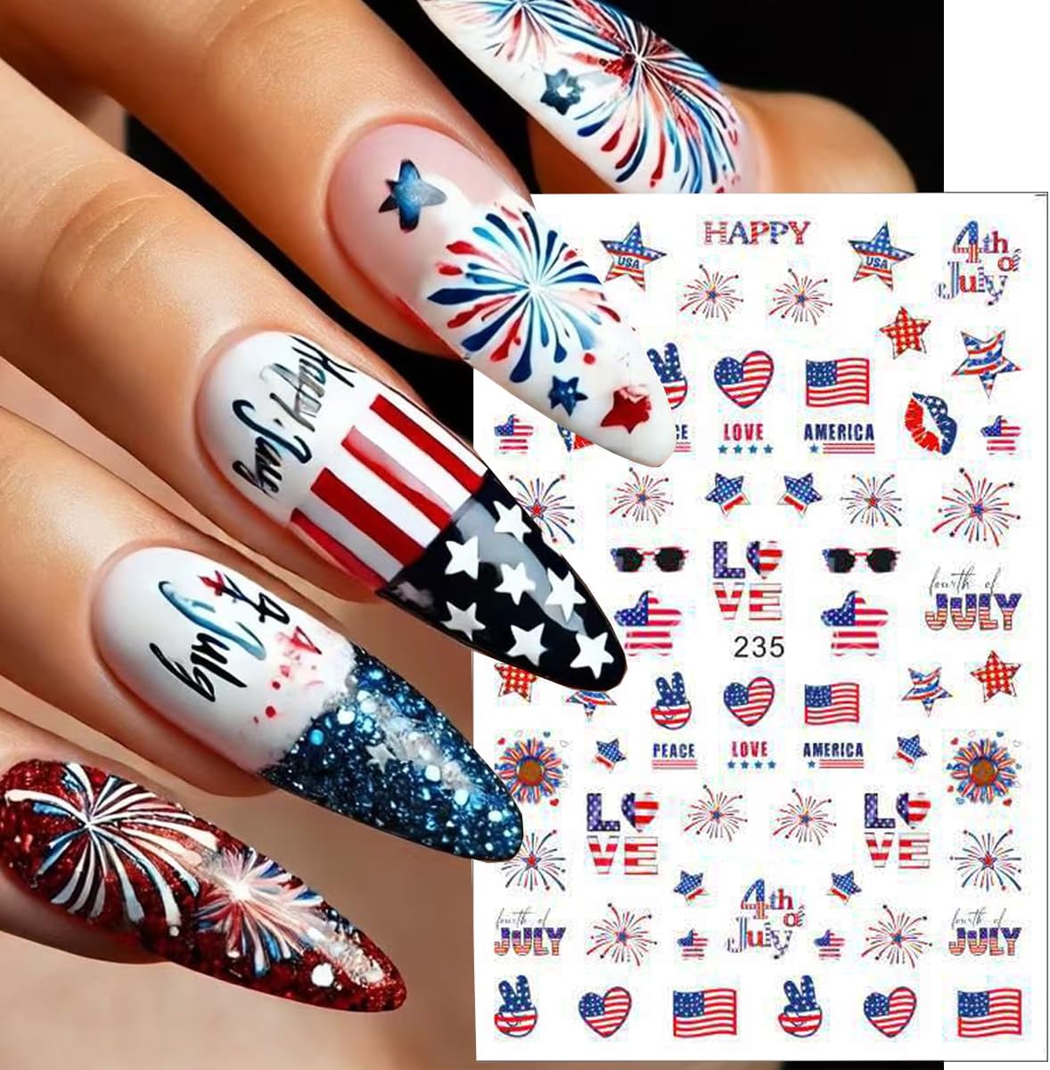 6Pcs/Celebrate 4th of July Nail Stickers for Nail Art Set - Independence Day Fireworks USA America UK Flags Adhesive Nail Art Sticker Decals DIY Patriotic Manicure Sliders Decorations Supplies