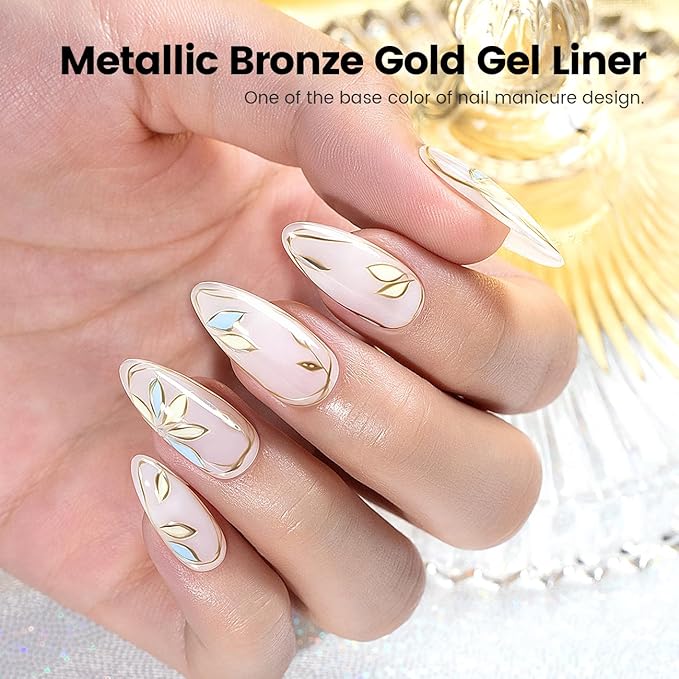 RARJSM Metallic Chrome Gel Liner Nail Art 3D Mirror Holographic Silver and Bronze Gold 2Pcs Set Gel Nail Polish 8ml Painting Build in Thin Brush Painted Drawing Striper GelPolish Curing Requires