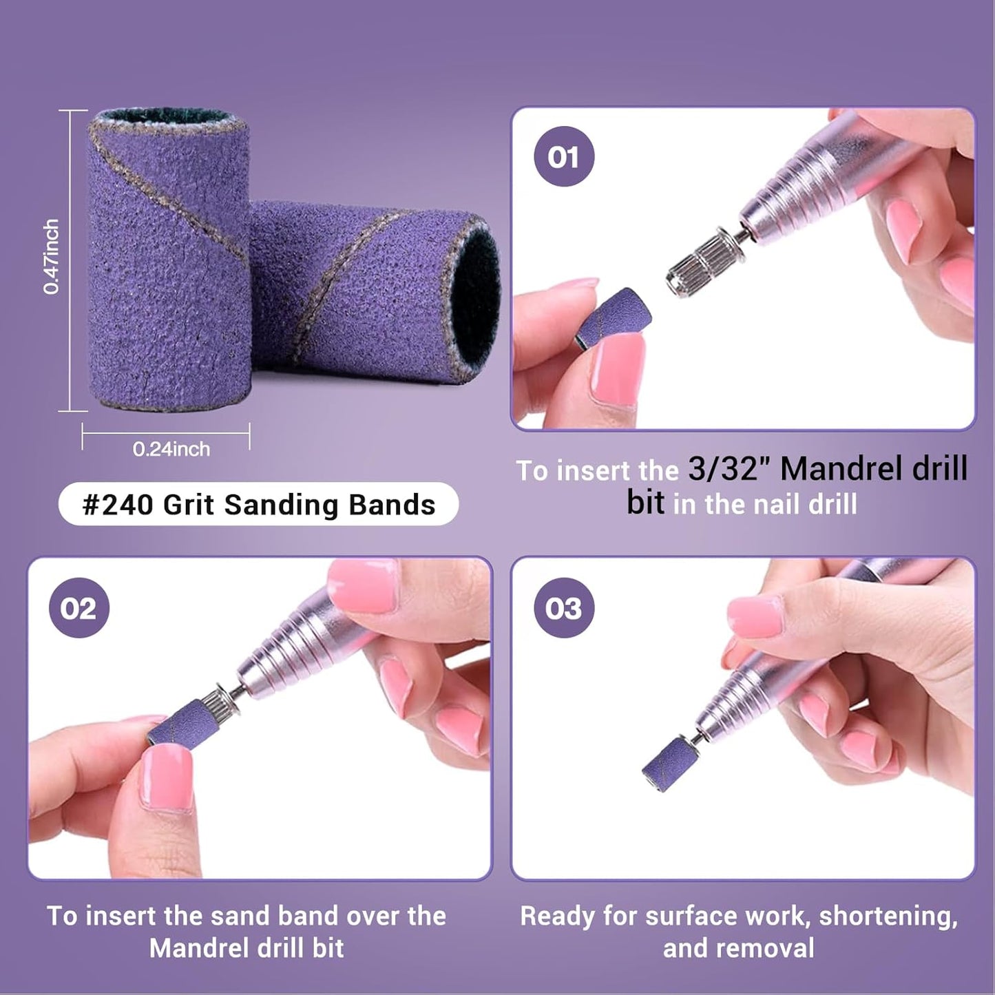 MelodySusie 100 Pcs Nail Drill Bits Sanding Bands for Nail Drill 240 Extreme Fine Grit Nail File Sanding Bands for Acrylic Nails Gel Manicures and Pedicure, Purple