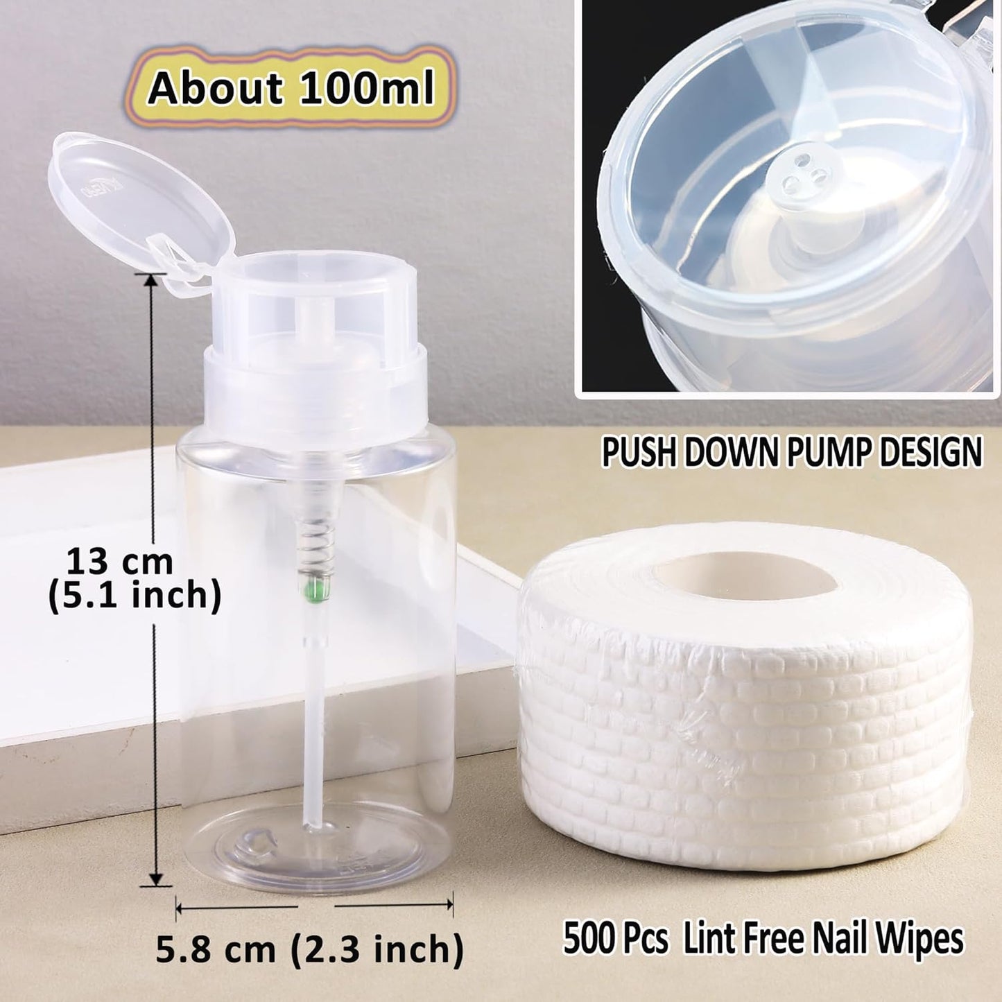 Nail Polish Remover Pump Alcohol Dispenser Push Down Pump Dispenser 500Pcs Lint Free Nail Wipes Pump Bottles for Liquids Eye Makeup Remover Pump Push Down Empty Bottle 100ml