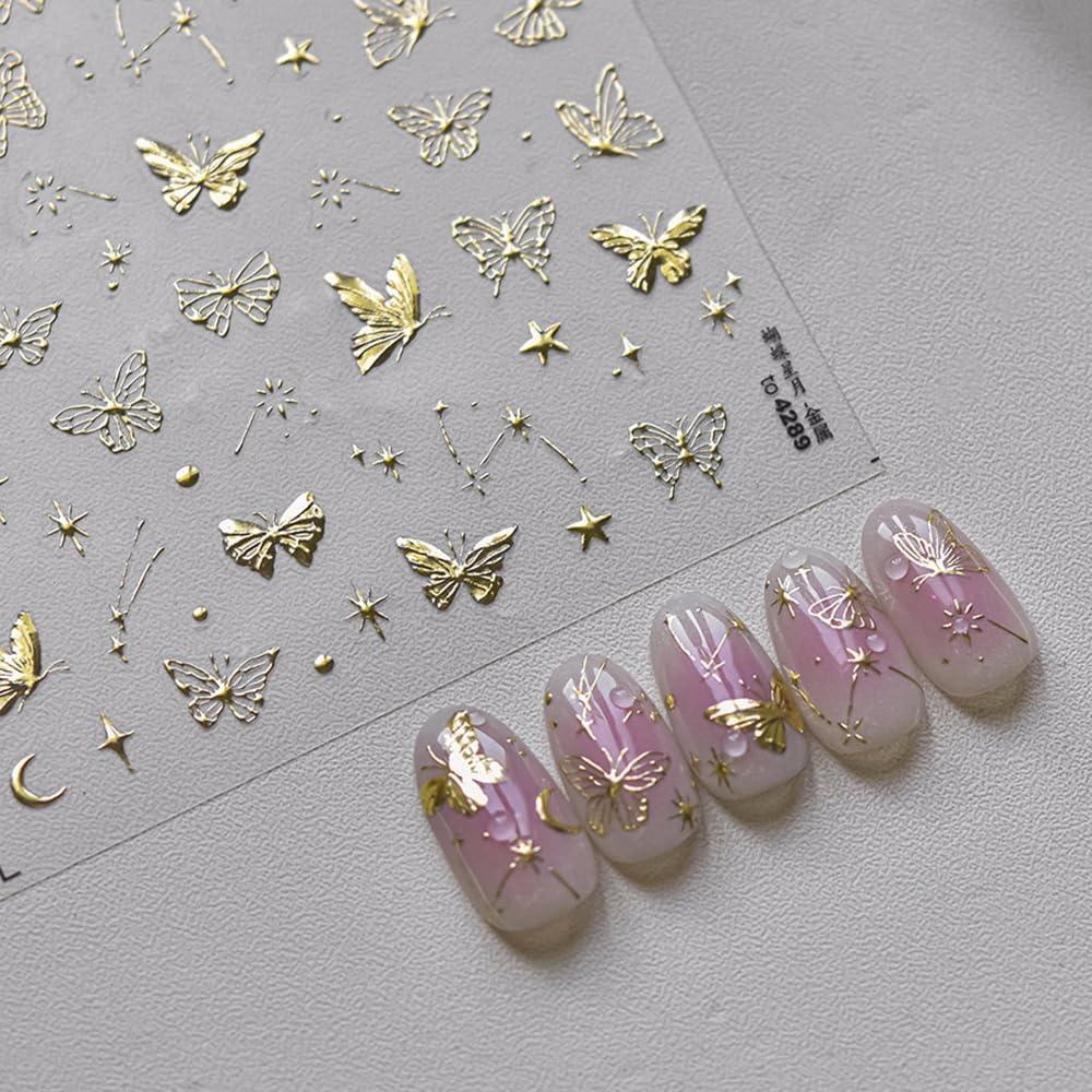 1 Sheets Golden Hot Stamping Butterflies Nail Art Stickers, 5D Self-Adhesive with Stars and Moon Nail Decals for Women, Gold Butterfly Design Spring Nail Stickers for DIY Nail Supplies Decoration